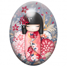 Cabochon en Verre Illustré Kokeshi Corail aux Fleurs et Feuillages Dorés 13x18, 18x25 ou 30x40mm pour la Création de Bijoux