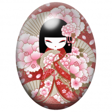 Cabochon en Verre Illustré Kokeshi Rouge aux Pivoines et Éventails 13x18, 18x25 ou 30x40mm pour la Création de Bijoux Fantaisie
