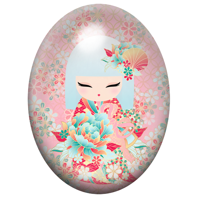 Cabochon en Verre Illustré Kokeshi Blanche au Bouquet Pastel 13x18, 18x25 ou 30x40mm
