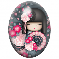 Cabochon en Verre Illustré Kokeshi Noire à l’Éventail Rose et aux Dahlias 13x18, 18x25 ou 30x40mm pour la Création de Bijoux