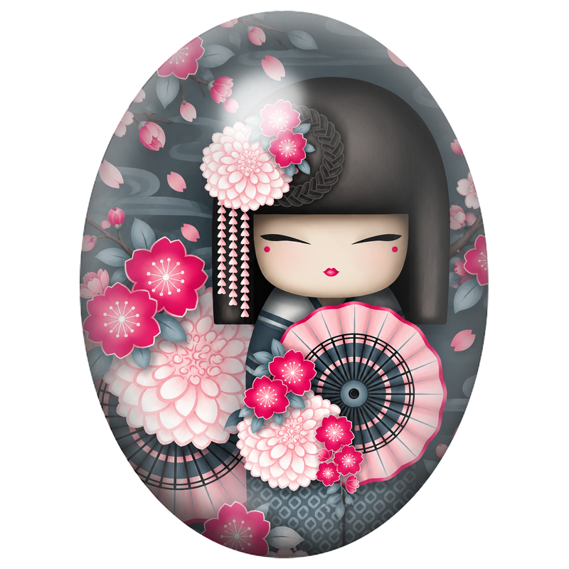 Cabochon en Verre Illustré Kokeshi Noire à l’Éventail Rose et aux Dahlias 13x18, 18x25 ou 30x40mm