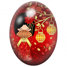 Cabochon en Verre Illustré Kokeshi Rouge à l’Éventail sous les Lanternes 13x18, 18x25 ou 30x40mm pour la Création de Bijoux