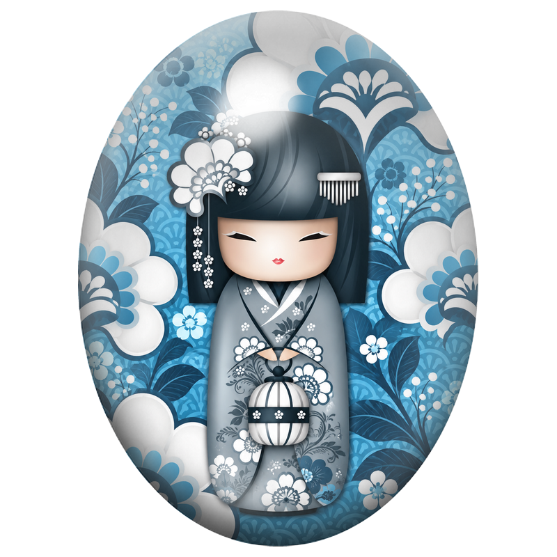 Cabochon en Verre Illustré Kokeshi Bleue au Petit Sac Fleuri 13x18, 18x25 ou 30x40mm