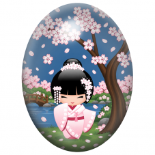 Cabochon en Verre Illustré Kokeshi Rose au Pont sous les Cerisiers 13x18, 18x25 ou 30x40mm pour la Création de Bijoux Fantaisie