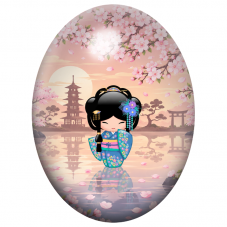 Cabochon en Verre Illustré Petite Kokeshi Bleue devant la Pagode 13x18, 18x25 ou 30x40mm pour la Création de Bijoux Fantaisie