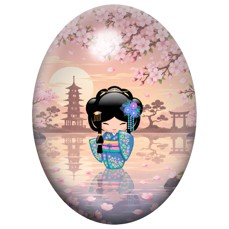 Cabochon en Verre Illustré Petite Kokeshi Bleue devant la Pagode 13x18, 18x25 ou 30x40mm