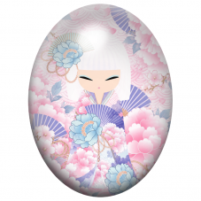 Cabochon en Verre Illustré Kokeshi Blanche aux Éventails et Pivoines Pastel 13x18, 18x25 ou 30x40mm pour la Création de Bijoux