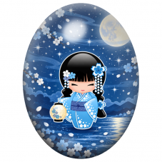 Cabochon en Verre Illustré Petite Kokeshi Bleue au Clair de Lune 13x18, 18x25 ou 30x40mm pour la Création de Bijoux Fantaisie