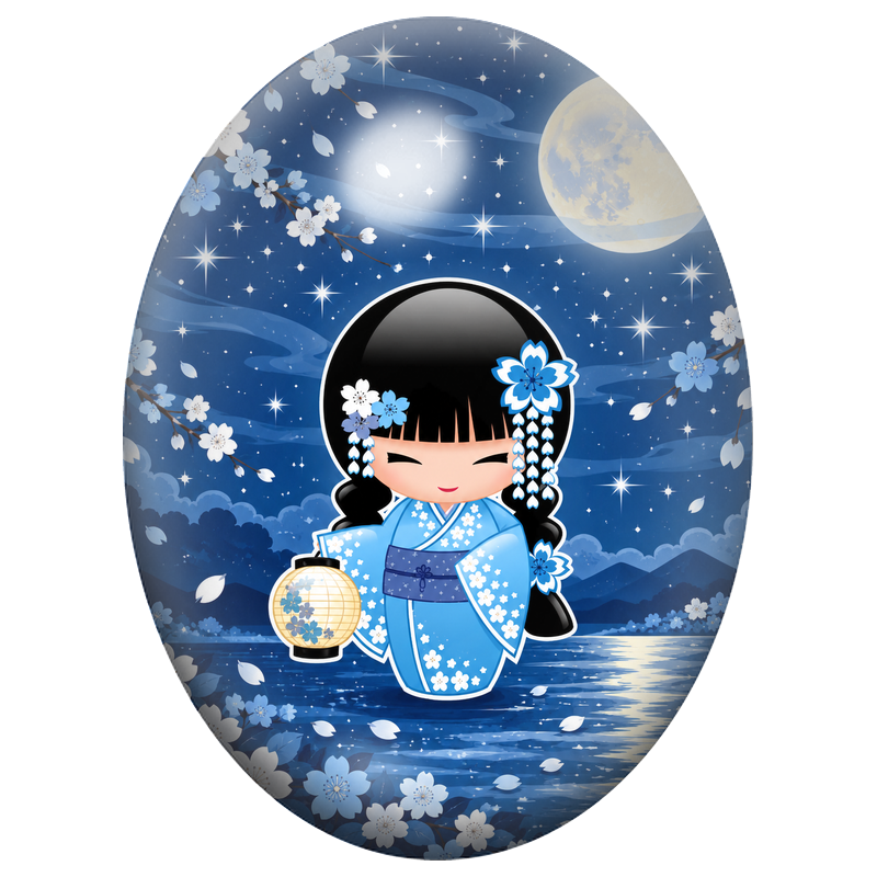 Cabochon en Verre Illustré Petite Kokeshi Bleue au Clair de Lune 13x18, 18x25 ou 30x40mm
