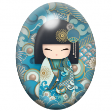 Cabochon en Verre Illustré Kokeshi Turquoise aux Vagues et Fleurs Dorées 13x18, 18x25 ou 30x40mm pour la Création de Bijoux