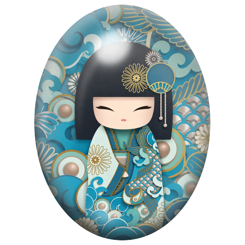 Cabochon en Verre Illustré Kokeshi Turquoise aux Vagues et Fleurs Dorées 13x18, 18x25 ou 30x40mm
