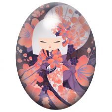 Cabochon en Verre Illustré Kokeshi Blanche aux Fleurs Corail et Violettes 13x18, 18x25 ou 30x40mm pour la Création de Bijoux