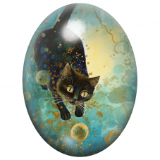 Cabochon en Verre Illustré Chat Noir dans une Aquarelle Turquoise 13x18, 18x25 ou 30x40mm pour la Création de Bijoux Fantaisie -