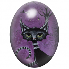 Cabochon en Verre Illustré Chat Noir aux Yeux Verts dans la Nuit Violette 13x18, 18x25 ou 30x40mm pour la Création de Bijoux Fan