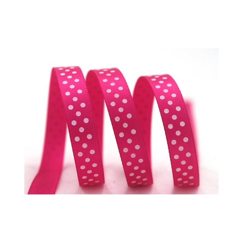 2 Mètres de Ruban Satin Fuchsia à Pois Blanc 9mm