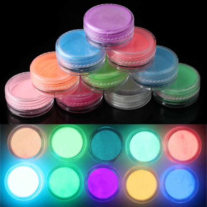10 Boîtes de Poudres Phosphorescentes Multicolores 3g