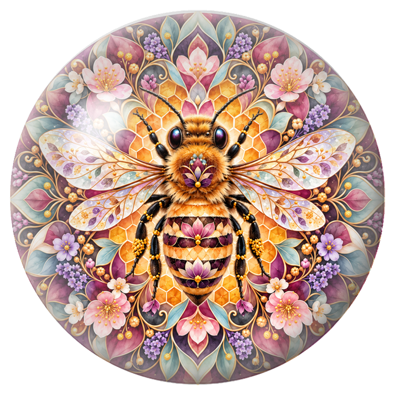Cabochon en Verre Illustré Mandala Abeille aux Fleurs et Alvéoles 12 à 25mm