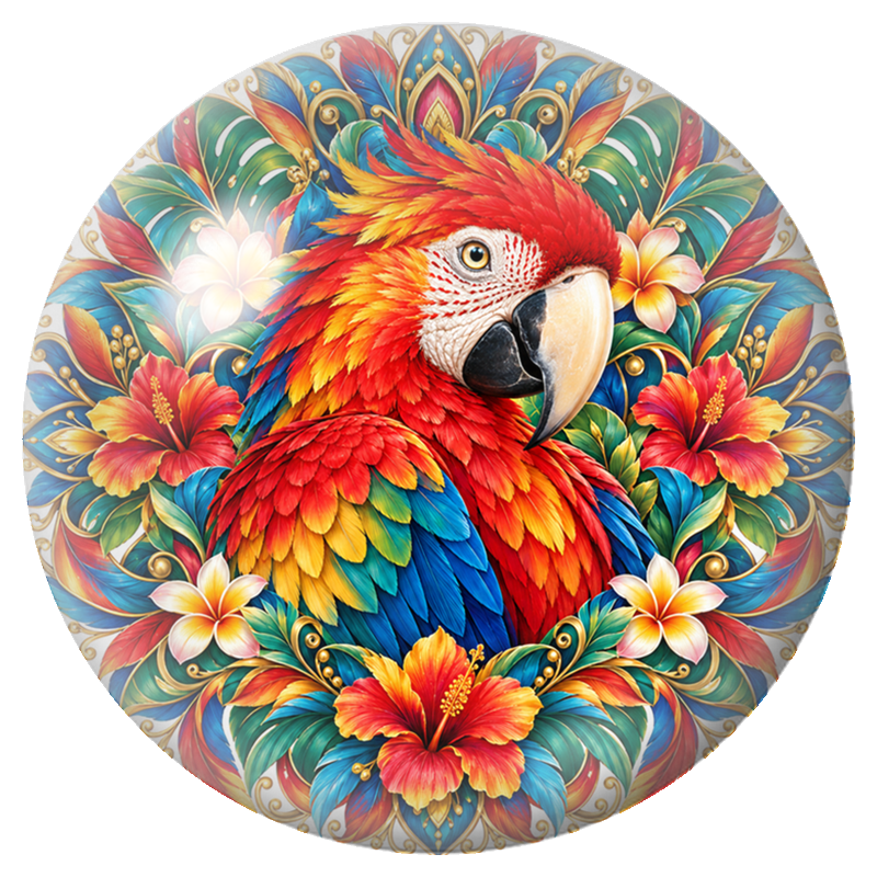 Cabochon en Verre Illustré Mandala Ara aux Fleurs Tropicales 12 à 25mm