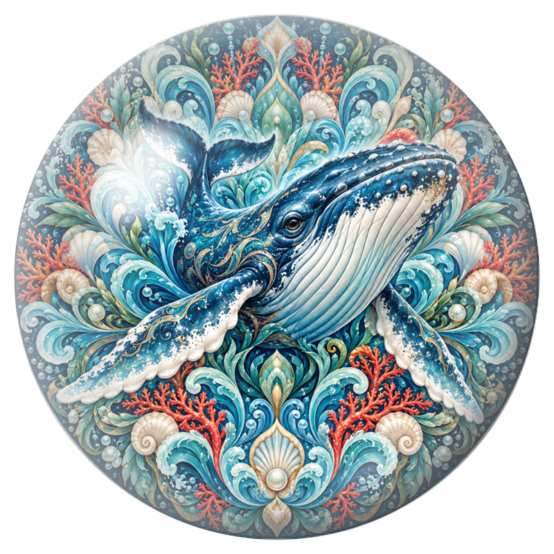 Cabochon en Verre Illustré Mandala Baleine à Bosse et Coraux 12 à 25mm