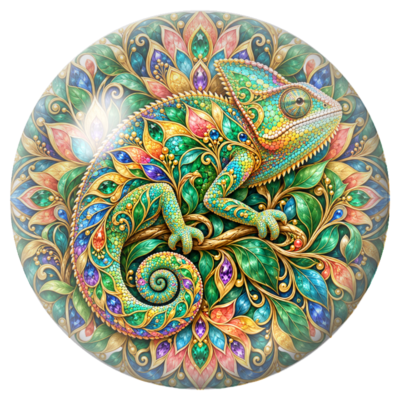 Cabochon en Verre Illustré Mandala Caméléon aux Feuillages Précieux 12 à 25mm