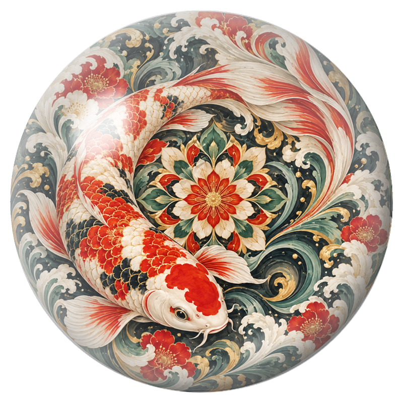 Cabochon en Verre Illustré Mandala Carpe Koï Rouge et Blanche 12 à 25mm