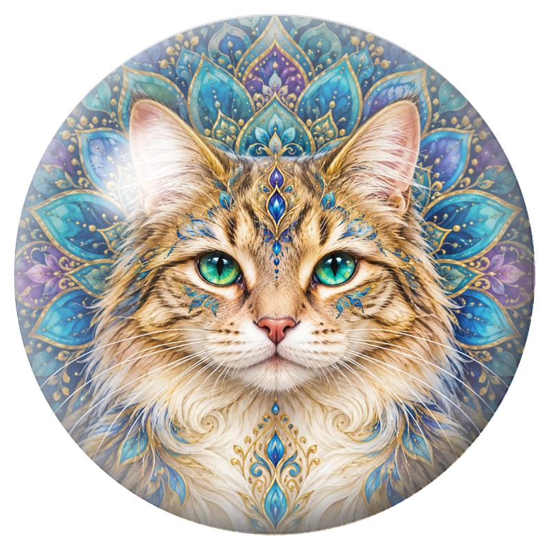 Cabochon en Verre Illustré Mandala Chat aux Yeux Turquoise 12 à 25mm