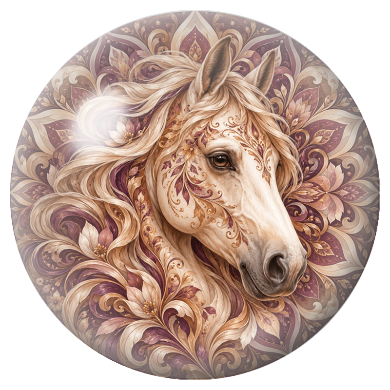 Cabochon en Verre Illustré Mandala Cheval à la Crinière Ivoire 12 à 25mm