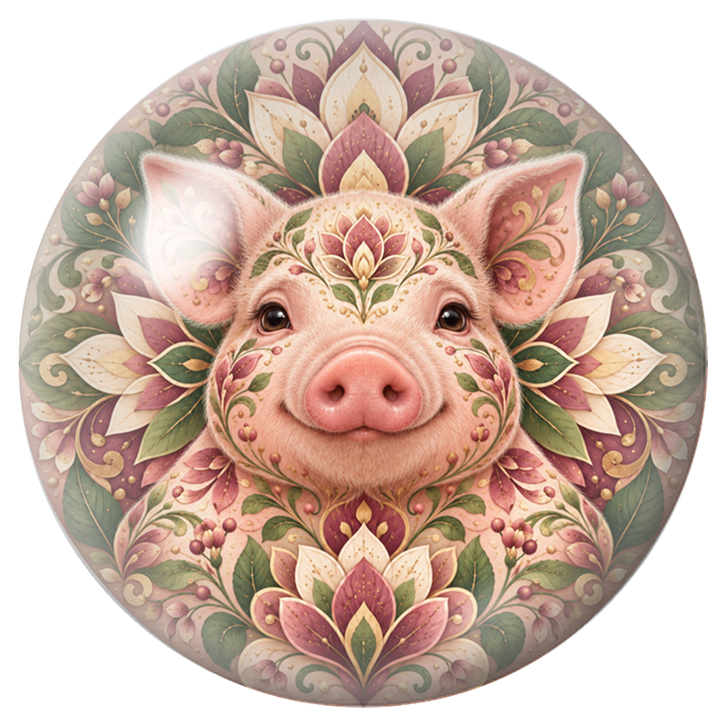 Cabochon en Verre Illustré Mandala Petit Cochon Rose 12 à 25mm
