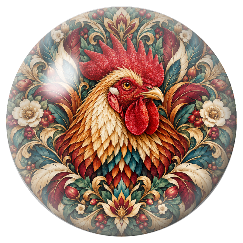 Cabochon en Verre Illustré Mandala Coq au Plumage Coloré 12 à 25mm
