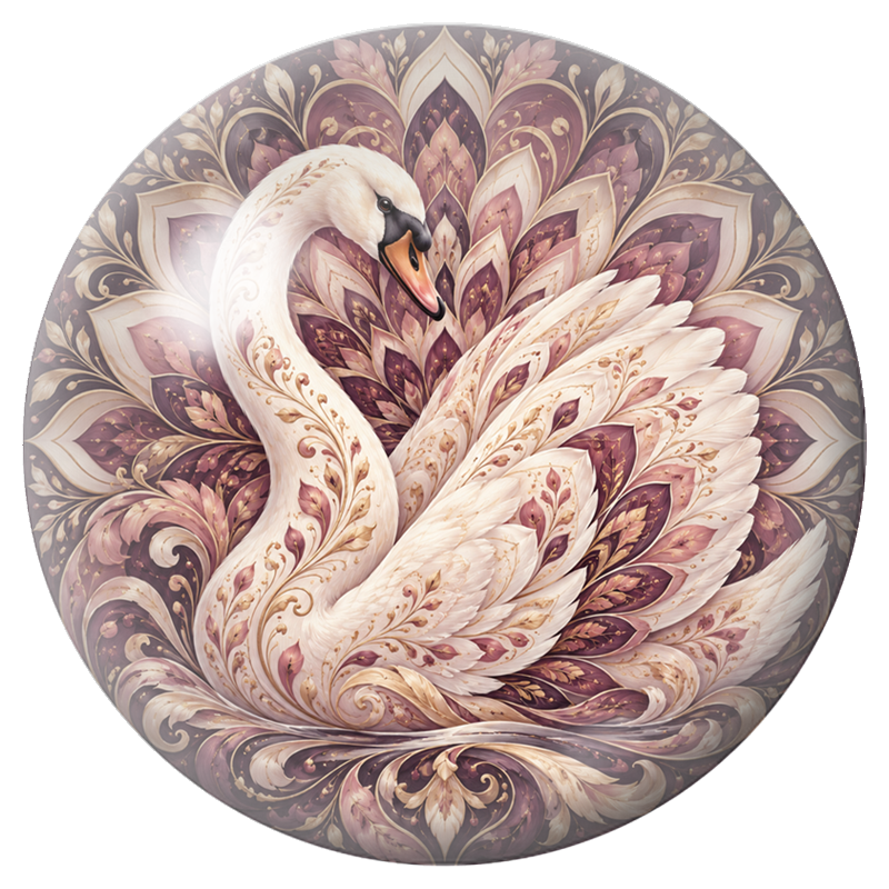Cabochon en Verre Illustré Mandala Cygne Blanc et Feuillages Pourpres 12 à 25mm