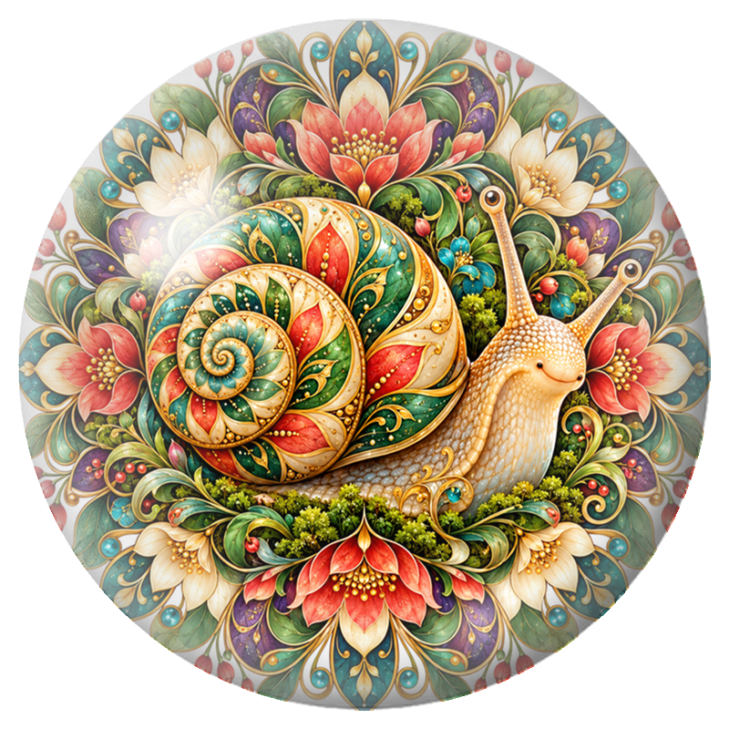 Cabochon en Verre Illustré Mandala Escargot à la Coquille Fleurie 12 à 25mm
