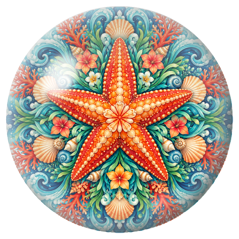 Cabochon en Verre Illustré Mandala Étoile de Mer et Coquillages 12 à 25mm