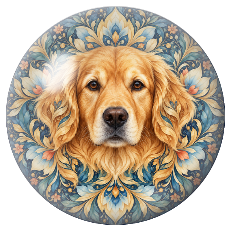 Cabochon en Verre Illustré Mandala Golden Retriever aux Fleurs 12 à 25mm