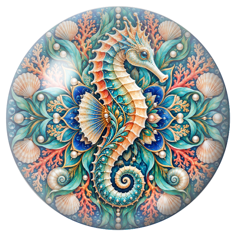 Cabochon en Verre Illustré Mandala Hippocampe et Coquillages 12 à 25mm