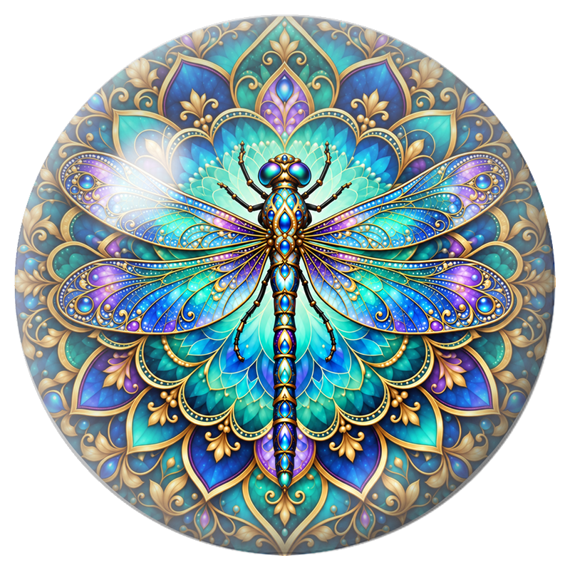 Cabochon en Verre Illustré Mandala Libellule aux Ailes Turquoise 12 à 25mm