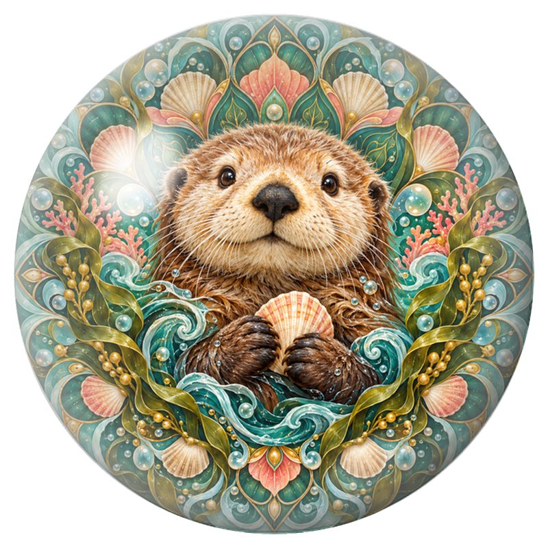 Cabochon en Verre Illustré Mandala Loutre au Coquillage 12 à 25mm