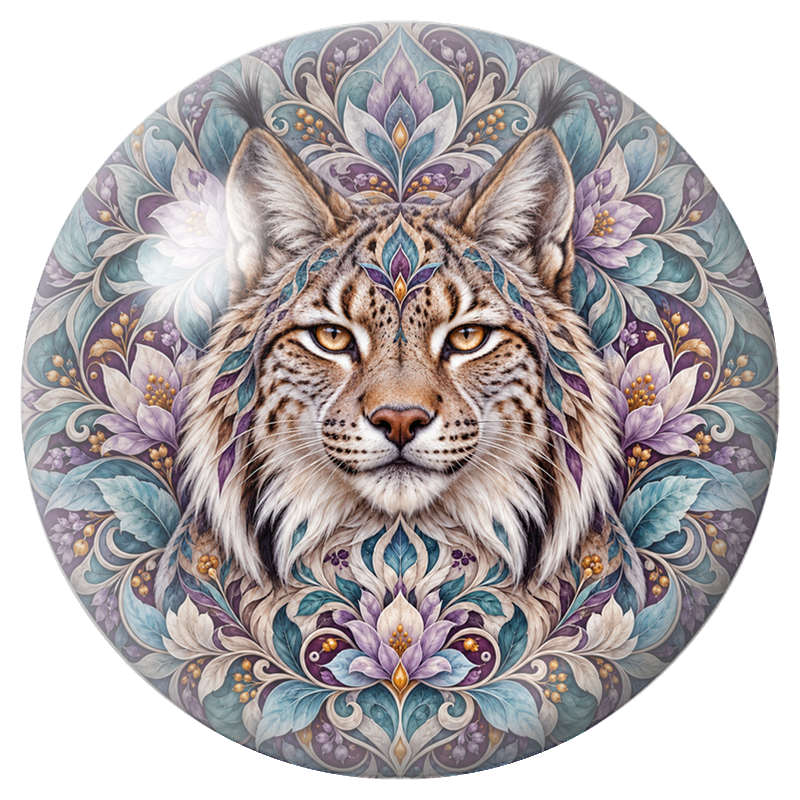 Cabochon en Verre Illustré Mandala Lynx aux Fleurs Violettes 12 à 25mm