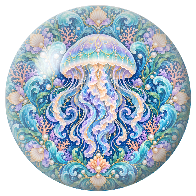 Cabochon en Verre Illustré Mandala Méduse aux Reflets Nacrés 12 à 25mm