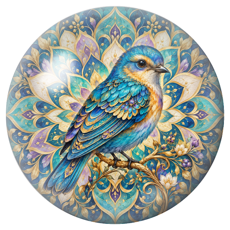 Cabochon en Verre Illustré Mandala Oiseau Bleu et Or 12 à 25mm