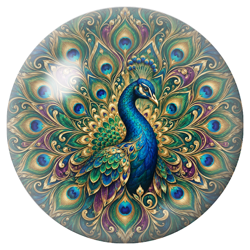 Cabochon en Verre Illustré Mandala Paon aux Plumes Turquoise 12 à 25mm