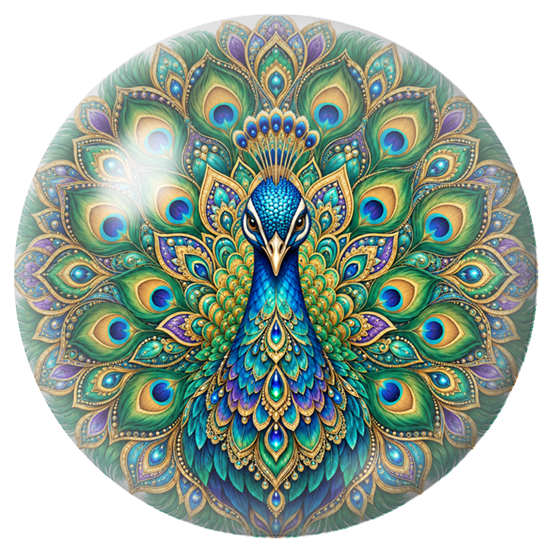Cabochon en Verre Illustré Mandala Paon aux Plumes Émeraude et Saphir 12 à 25mm