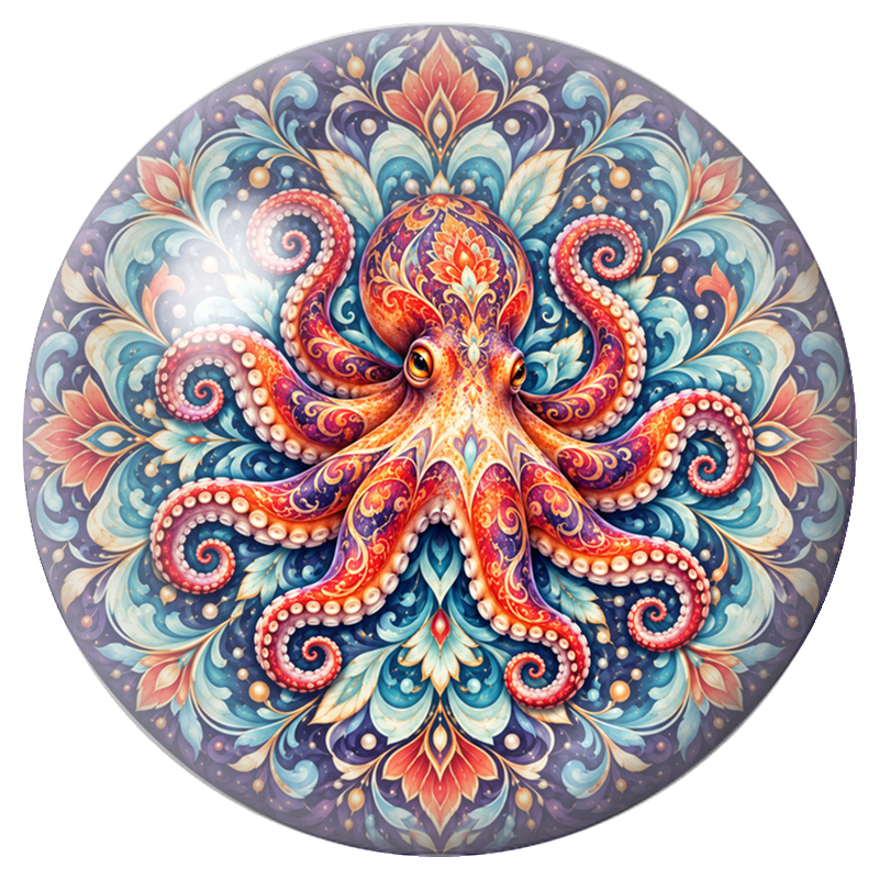 Cabochon en Verre Illustré Mandala Pieuvre aux Tentacules Colorés 12 à 25mm