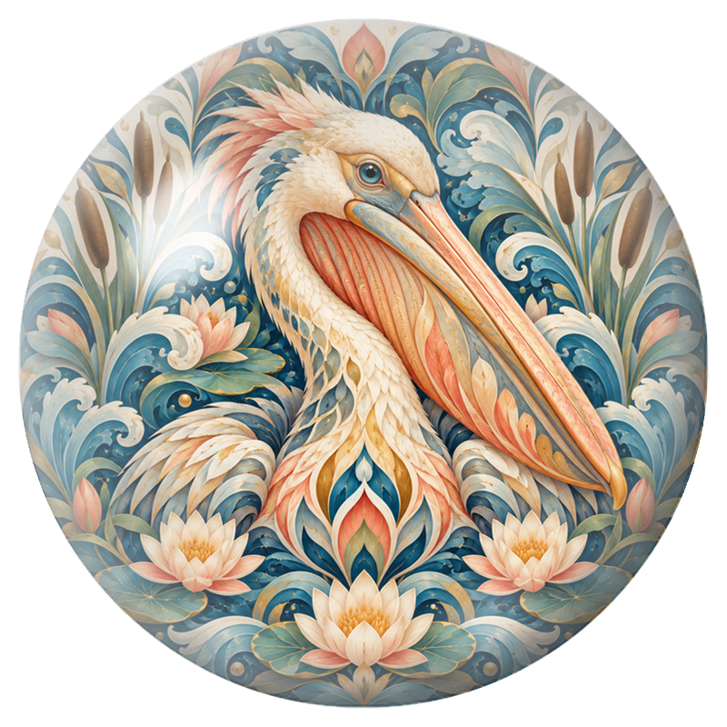 Cabochon en Verre Illustré Mandala Pélican aux Plumes Ivoire 12 à 25mm