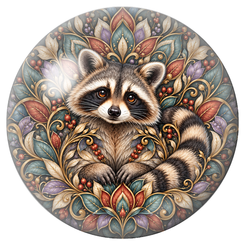 Cabochon en Verre Illustré Mandala Raton Laveur aux Feuilles Colorées 12 à 25mm