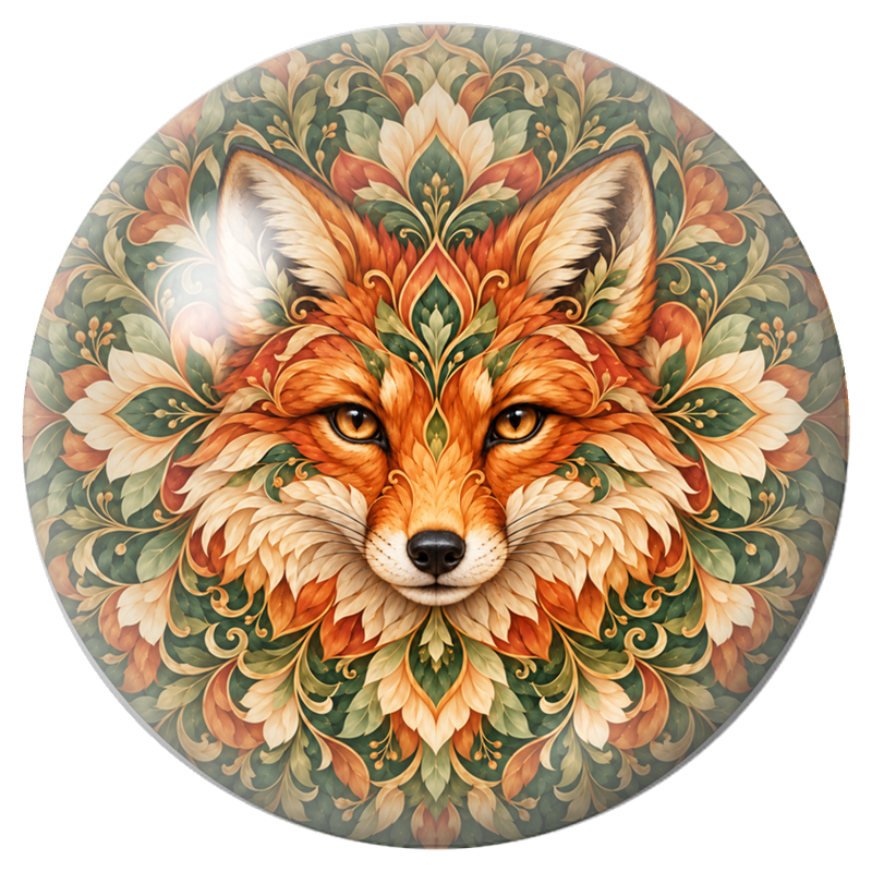 Cabochon en Verre Illustré Mandala Renard Roux aux Feuillages 12 à 25mm