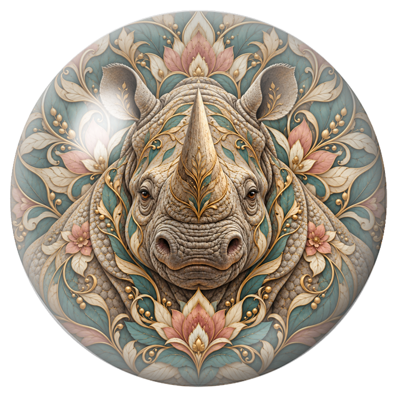 Cabochon en Verre Illustré Mandala Rhinocéros aux Fleurs Pastel 12 à 25mm