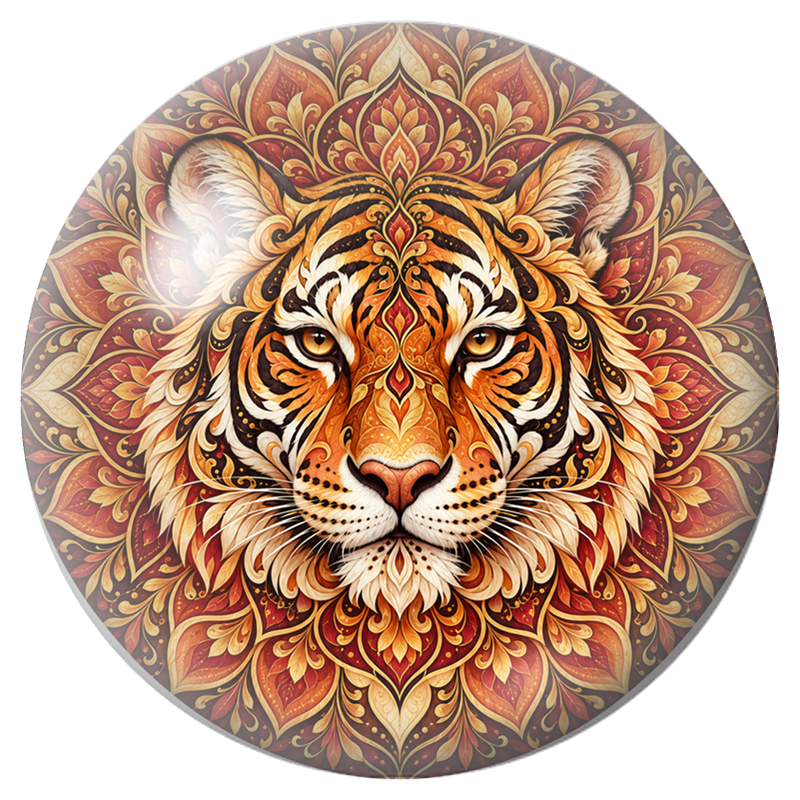 Cabochon en Verre Illustré Mandala Tigre aux Feuillages Flamboyants 12 à 25mm