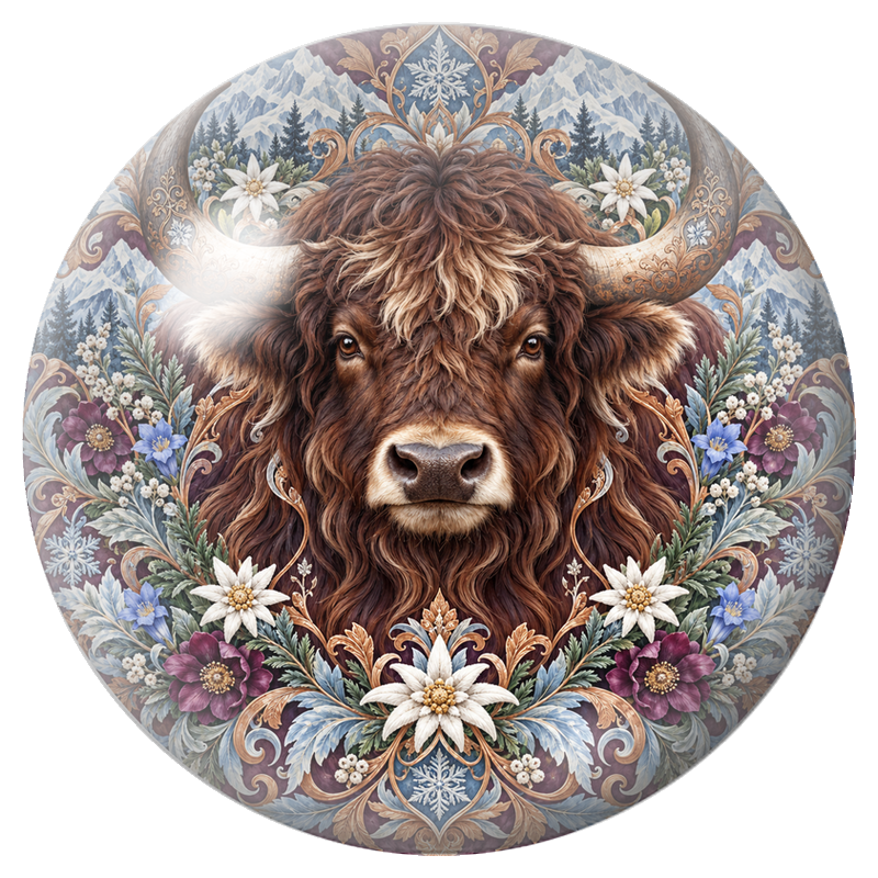 Cabochon en Verre Illustré Mandala Yak devant les Montagnes 12 à 25mm