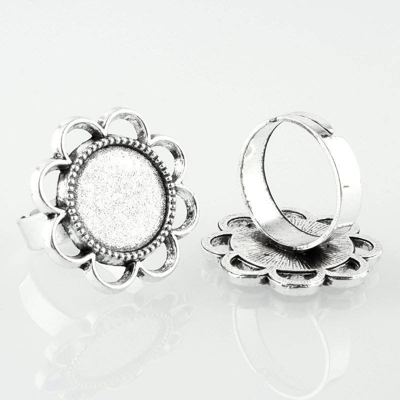 2 Supports Bagues Ajustables Fleurs Argentés pour Cabochon 14mm