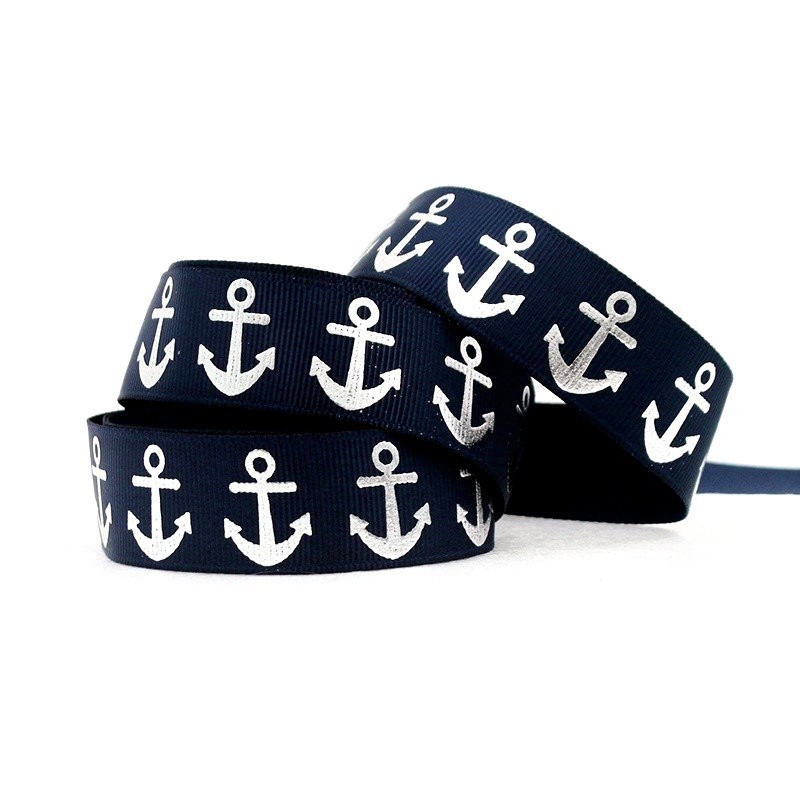 1 Mètre de Ruban Gros Grain Ancre Bleu Marine 25mm